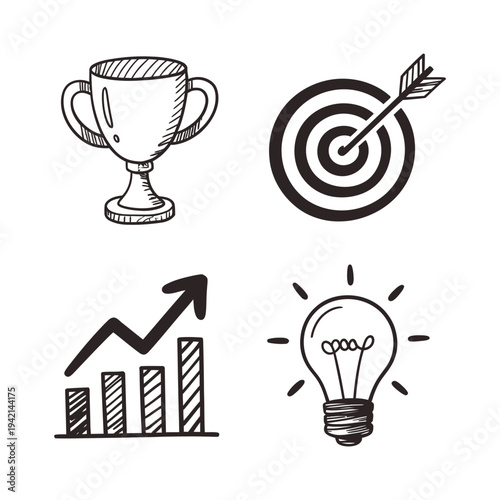 Hand Drawn Business Growth and Idea Icons - Trophy, Target, Chart, Lightbulb
