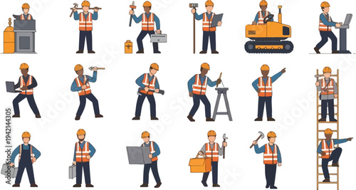 Construction workers in various poses and with different tools and equipment, illustrating a range of construction activities and professions.