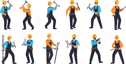 Collection of construction workers in different poses with tools and safety helmets, illustrating various labor activities.
