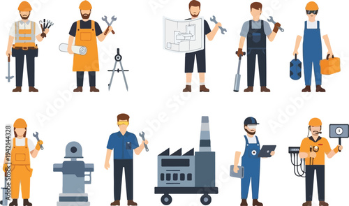 Collection of cartoon illustrations depicting various skilled workers and professionals in industrial and construction settings.