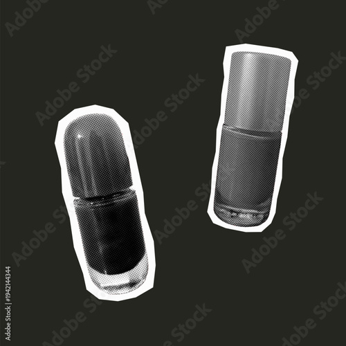 Pair of nail polish bottles isolated on dark background in monochrome collage illustration style.