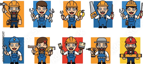 Collection of cartoon construction workers holding various tools and equipment, representing different trades and professions in the building industry.