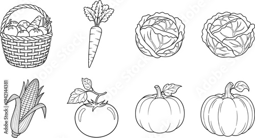 Collection of fresh vegetables and basket of produce in a simple line art style