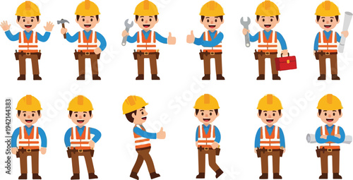 Collection of cartoon construction worker characters in various poses and holding tools, illustrating different aspects of building and labor.