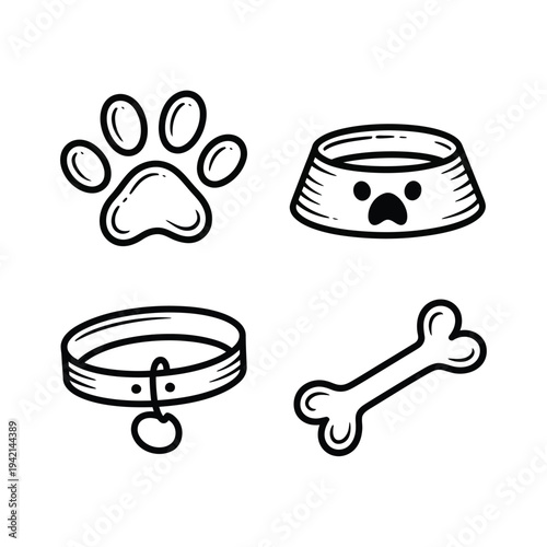 Cute Hand Drawn Pet Care and Dog Accessories Icons - Paw Print, Bowl, Collar, Bone