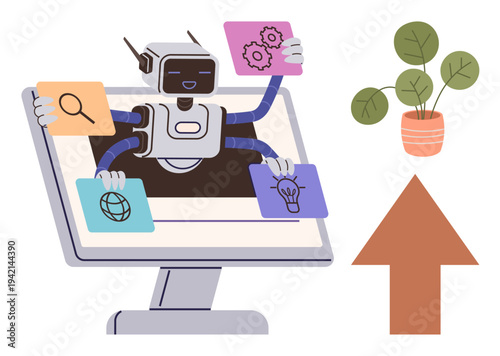 Artificial intelligence, automation, digital strategy, multitasking, innovation, technology development. Robot emerging from screen holding icons for search, ideas and science. Automation
