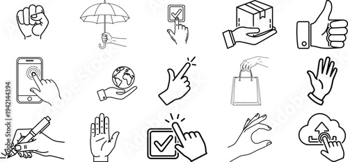 Collection of hand gestures and everyday objects illustrations