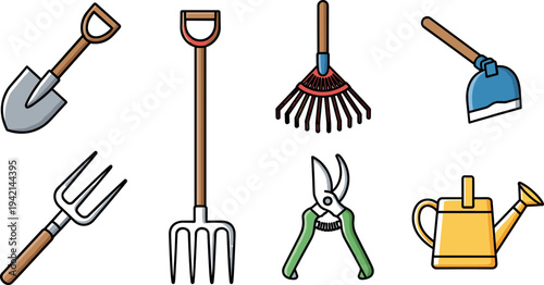 Collection of essential gardening tools for planting and maintenance tasks