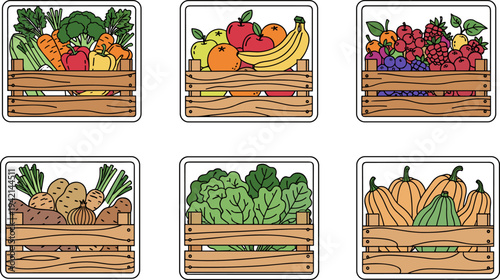 Six wooden crates filled with fresh fruits and vegetables, illustrated in a clean, modern style