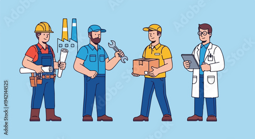 Diverse group of professionals including a construction worker, mechanic, delivery person, and scientist standing together.