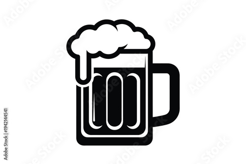 A black and white vector illustration of a full beer mug with foam overflowing on a plain background, symbolizing refreshment and social gatherings.