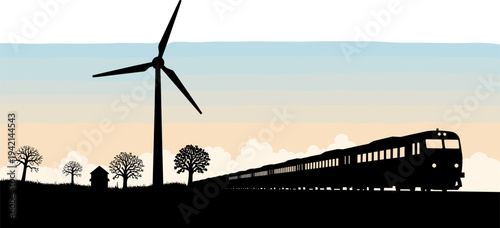 Silhouette of a wind turbine and a train traveling through a rural landscape at sunset