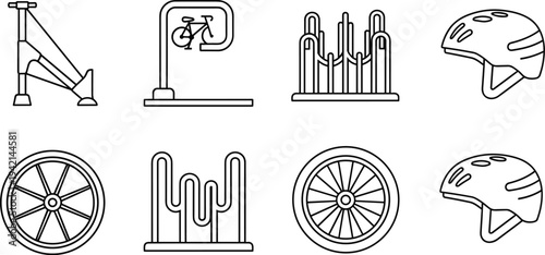 Collection of bicycle accessories and parking racks in a simple line art style