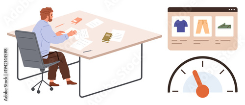 Online shopping, digital marketing, e-commerce analysis, business productivity, performance tracking, retail sales. Man at desk, e-commerce interface performance speedometer. E-commerce analysis