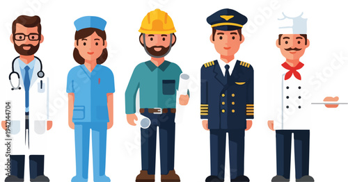 Diverse Workforce Professionals Representing Healthcare Construction Aviation and Culinary Occupations Standing Together On White Background