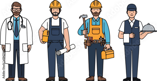 Diverse group of professionals including a doctor, construction workers, and a waiter, representing various occupations and teamwork.