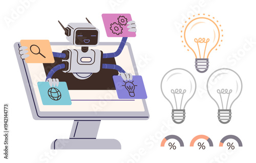 Artificial intelligence, automation, innovation, data visualization, problem-solving, digital tools. A robot on a computer screen holding icons. Artificial intelligence and automation concept