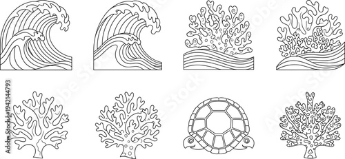 Collection of stylized marine life and ocean waves in a simple line art design