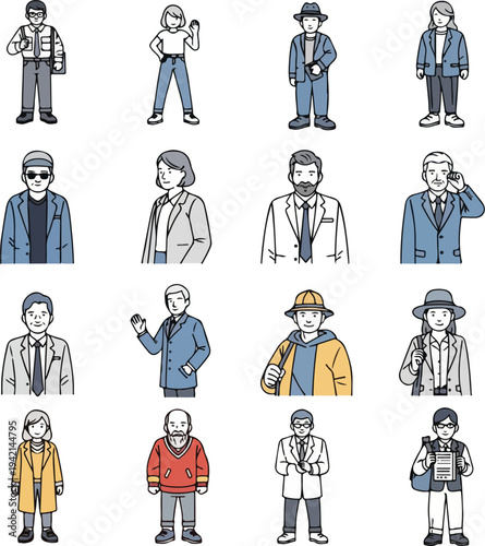 Collection of diverse cartoon characters representing various professions and styles, depicted in a simple, flat illustration.