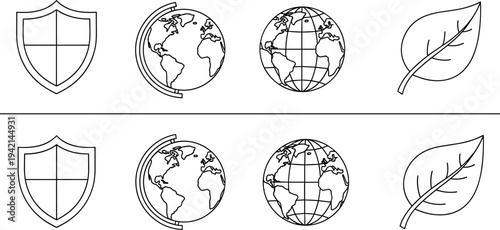 Set of four simple line icons representing global protection, environment, and security concepts