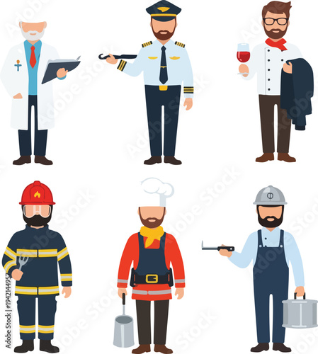 Collection of diverse professionals in uniform, representing various careers and occupations.