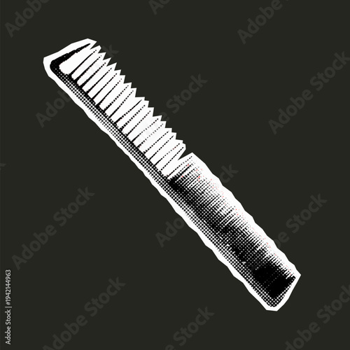 Professional hair comb isolated on dark background in monochrome collage cutout style.