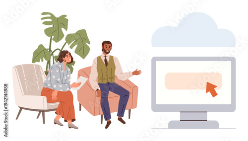 Business communication, teamwork, digital tools, cloud technology, remote meetings, online learning. Two professionals discussing work. Business communication and teamwork concepts