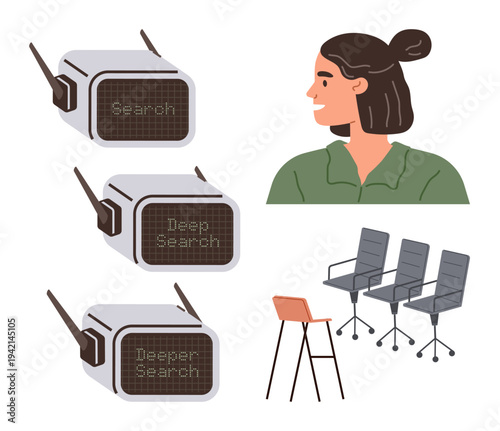 Digital transformation, research, artificial intelligence, workspaces, human-machine interaction, future innovation. Search devices, woman in profile chairs and stool . Digital transformation