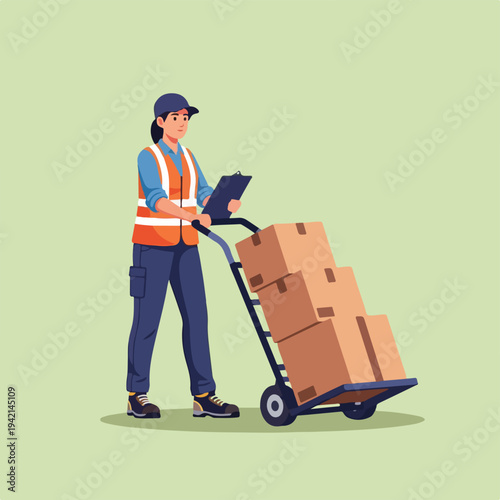 Delivery worker in a reflective vest pushing a hand truck loaded with cardboard boxes, holding a clipboard.
