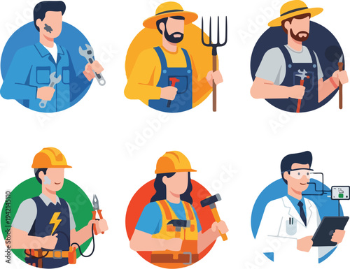 Collection of diverse professionals in flat design style, representing various occupations and skills.