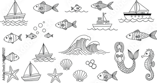 A collection of nautical illustrations featuring boats fish and sea creatures