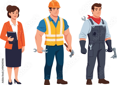 Three construction workers, including a female manager and two male laborers, posing confidently with tools.