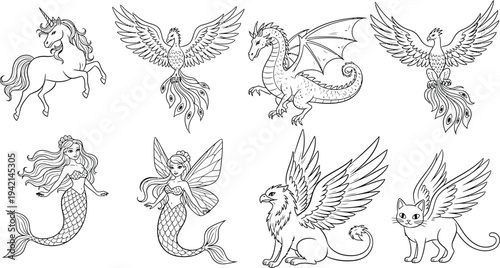 Collection of mythical winged horse and dragon illustrations