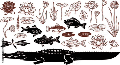 Swamp flora and fauna vector set. Vintage linocut illustrations of an alligator, freshwater fishes, and water lilies for packaging design, retro logos, and nature prints.