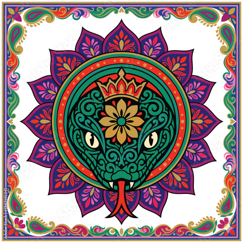 King cobra snake head with crown and flower in mandala frame design