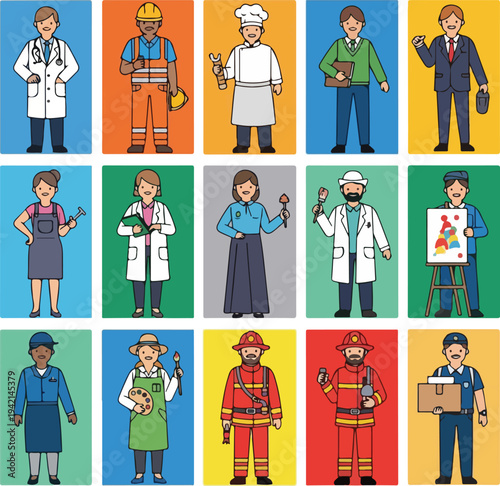 A diverse group of professionals in colorful uniform illustrations, representing various occupations and careers.