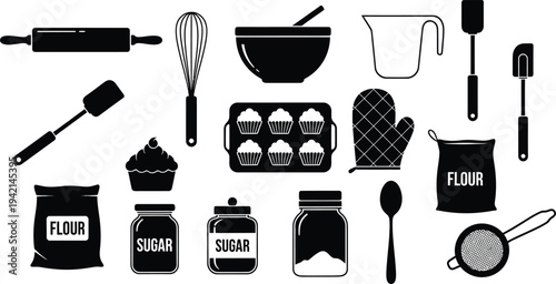 Black and white illustration of various kitchen utensils and baking tools