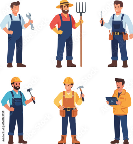 Collection of diverse male workers in uniform, including a farmer, mechanic, construction worker, and handyman, each holding tools of their trade.