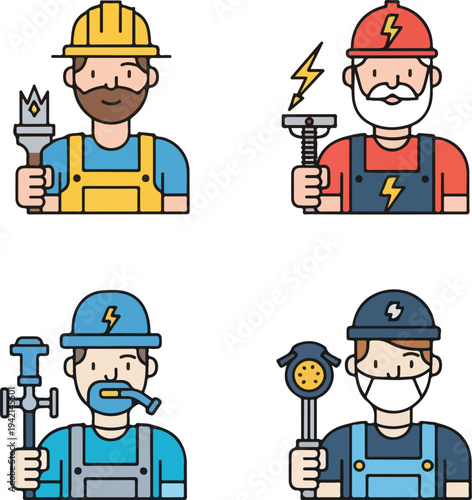 Set of four diverse construction workers with tools and safety gear, representing different trades and professions.