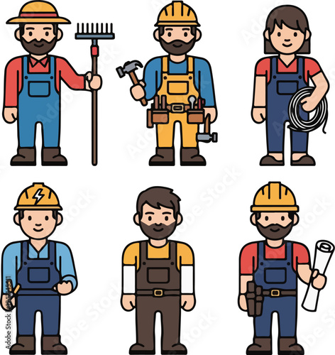 Set of diverse cartoon characters representing different professions and trades, including a farmer, builder, electrician, and engineer.