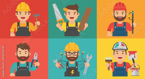 Set of six cartoon construction workers with different tools and professions, illustrating various skilled trades and manual labor.