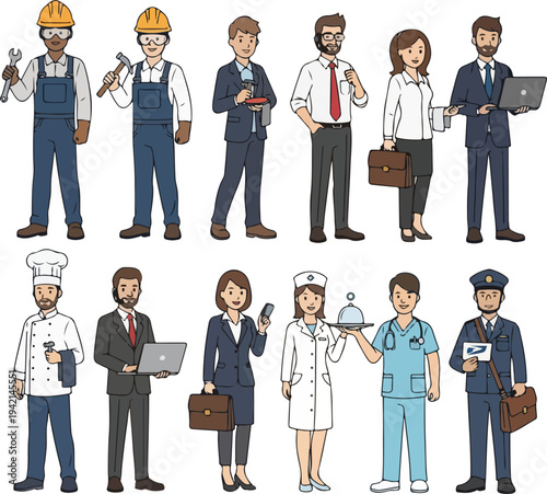 Diverse group of professionals in various occupations, including construction workers, chefs, doctors, and office workers, depicted in a flat illustration style.