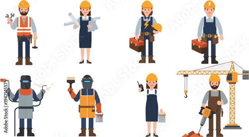 Diverse construction workers and tradespeople in uniform with tools and equipment, illustrating various professions.