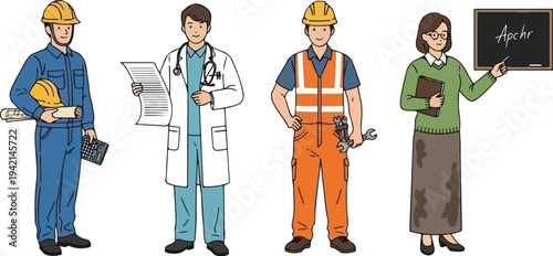 Diverse group of professionals including an engineer, doctor, construction worker, and teacher, representing different careers and occupations.