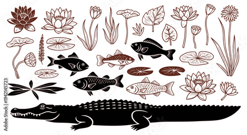 Swamp flora and fauna vector set. Vintage linocut illustrations of an alligator, freshwater fishes, and water lilies for packaging design, retro logos, and nature prints.