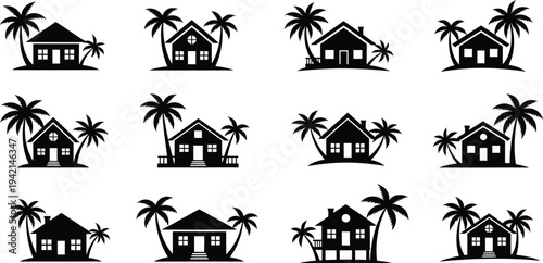 Tropical island houses and palm trees silhouette collection