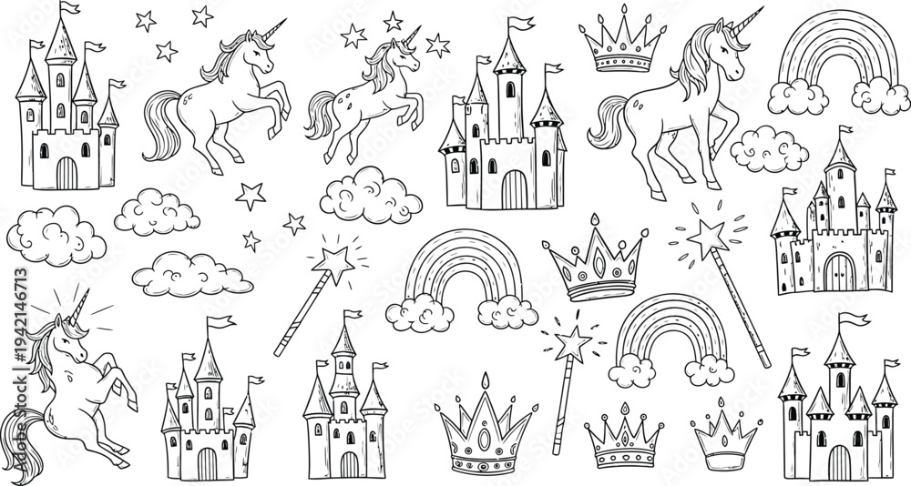 Obraz premium Collection of whimsical fairy tale castles and crowns illustrations
