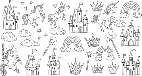Collection of whimsical fairy tale castles and crowns illustrations