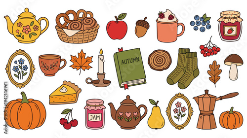 Autumn lifestyle objects set with cozy home decor and seasonal food