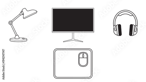 Desk Top View Illustration with Monitor Lamp Headphones and Mouse for Digital Workspace and Productivity Concept